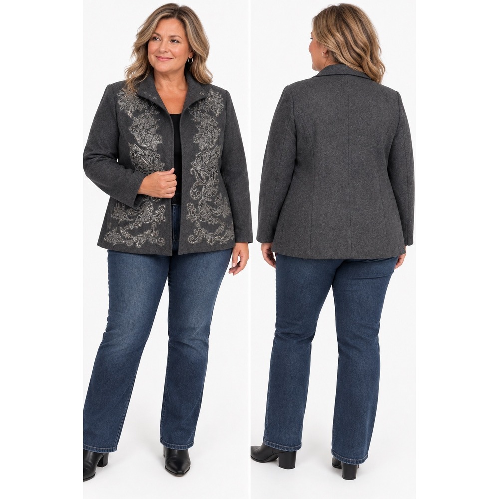 Chico's Beaded Embroidered Wool Blend Jacket 3 16/18 Gray Floral Whimsigoth Art